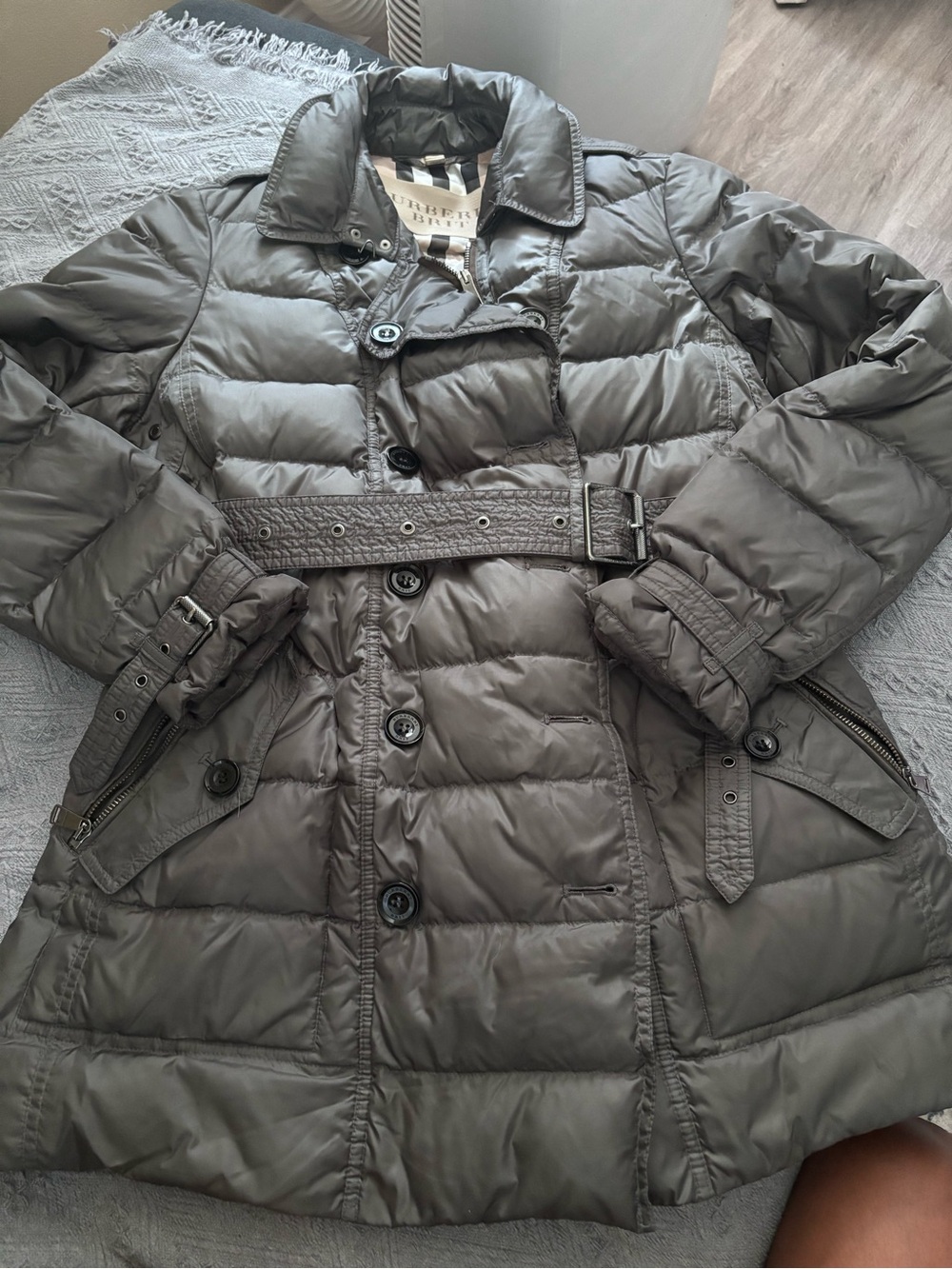 Burberry Brit Belted Down Puffer Trench Coat Nova Check Lined Gray XL 44